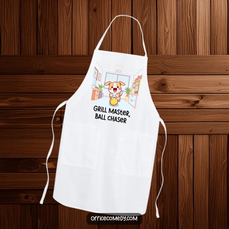 Funny kitchen apron with a dog excitedly chasing a ball in an office, making cooking more entertaining.