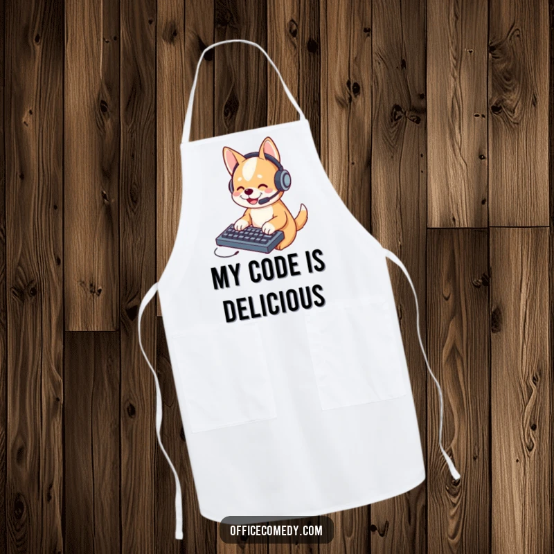 Funny dog wearing a headset, typing on a small keyboard, a humorous apron for the kitchen enthusiast.