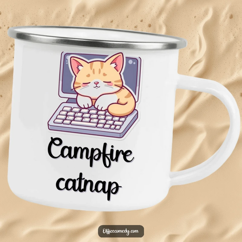Funny camping mug featuring a cat napping on a keyboard, bringing cozy vibes to outdoor adventures.