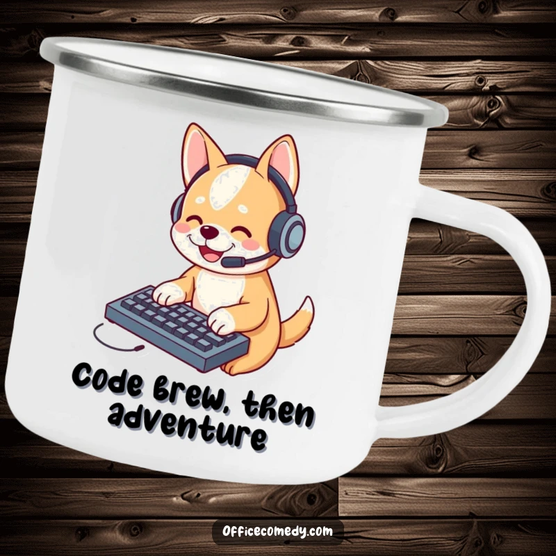 Funny dog wearing a headset, typing on a miniature keyboard, a durable and humorous camping mug for coffee lovers.