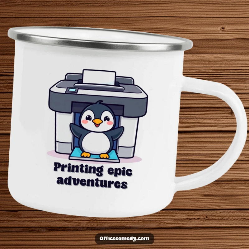 Funny cheerful penguin peeking out of a colorful printer, a durable and humorous camping mug for outdoor enthusiasts.