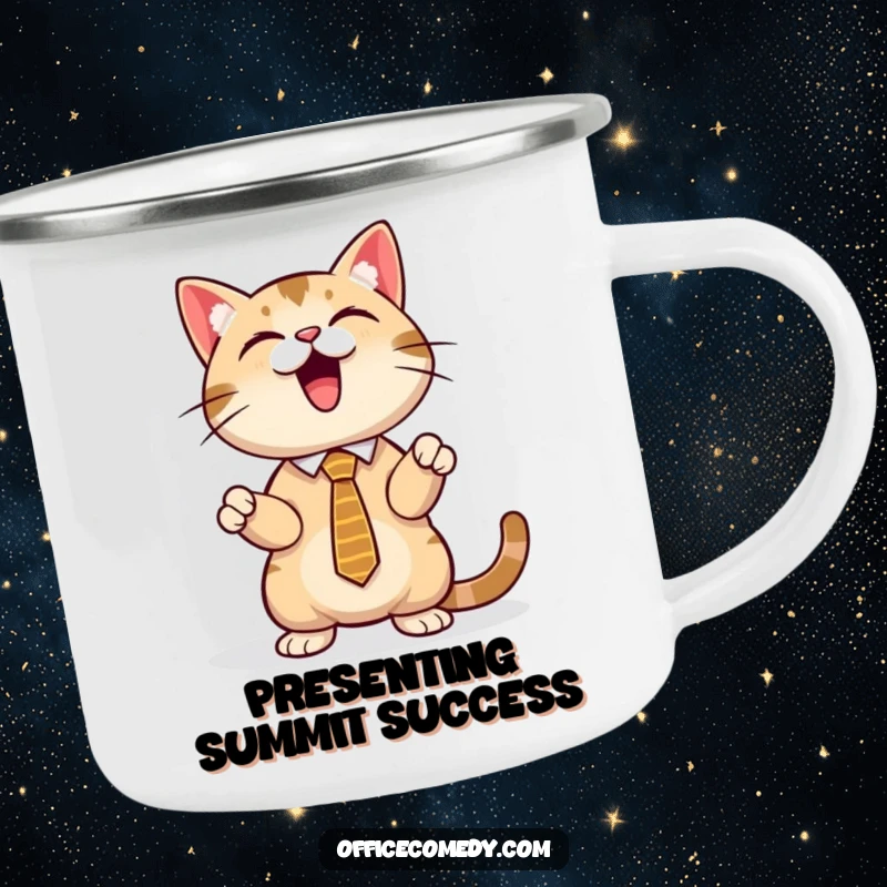 Funny cat wearing a tie, presenting a glowing screen, a durable and humorous camping mug for adventurers.