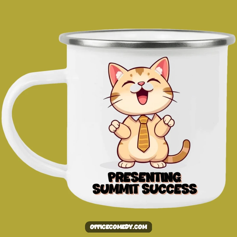 Funny Cat Tie Camping Mug: Adventure Pitch with a Feline Executive