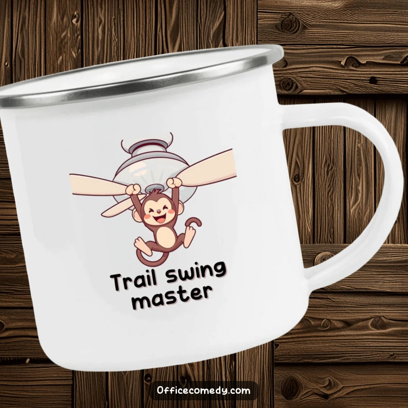 Funny camping mug featuring a monkey swinging from a ceiling fan, bringing jungle vibes to outdoor adventures.