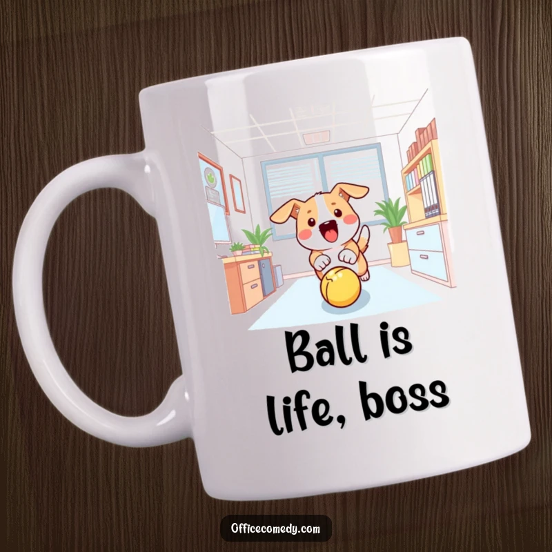 Funny mug: A dog enthusiastically chasing a bouncing ball amidst office chaos, full of playful energy.