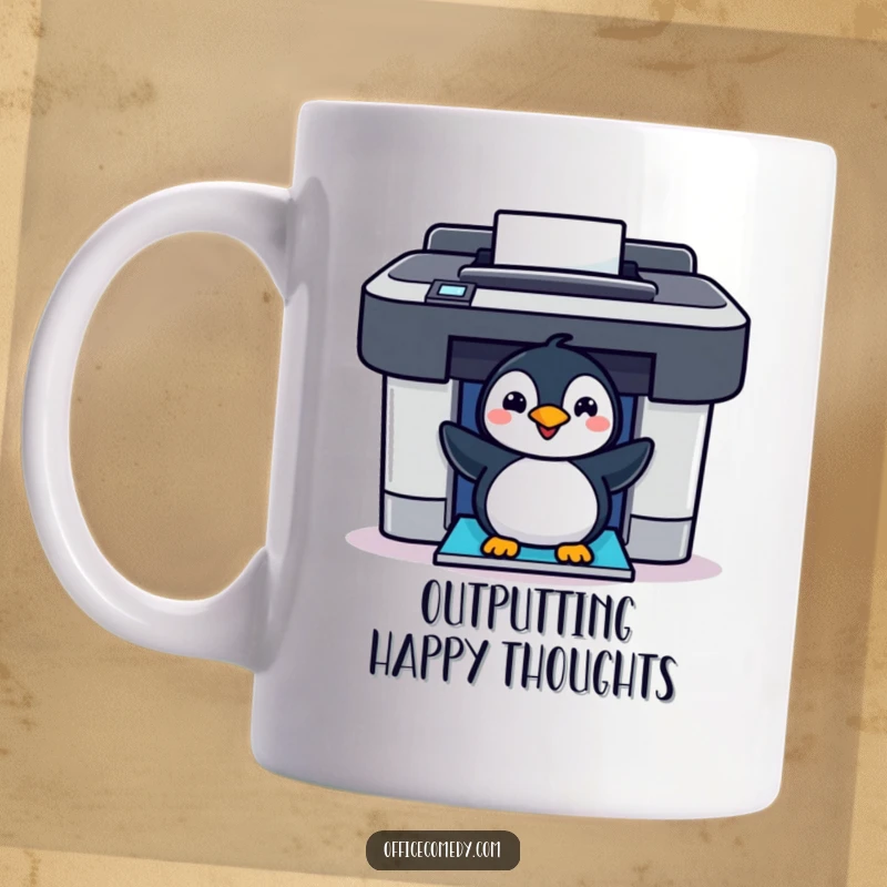 Funny cheerful penguin peeking out of a colorful printer, a humorous and cute mug for office humor lovers.