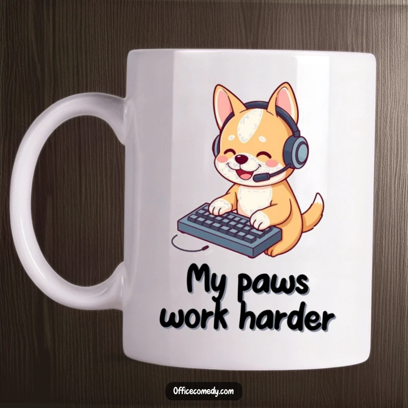 Funny dog wearing a headset, typing furiously on a miniature keyboard, capturing the intense focus and humor of a remote worker.