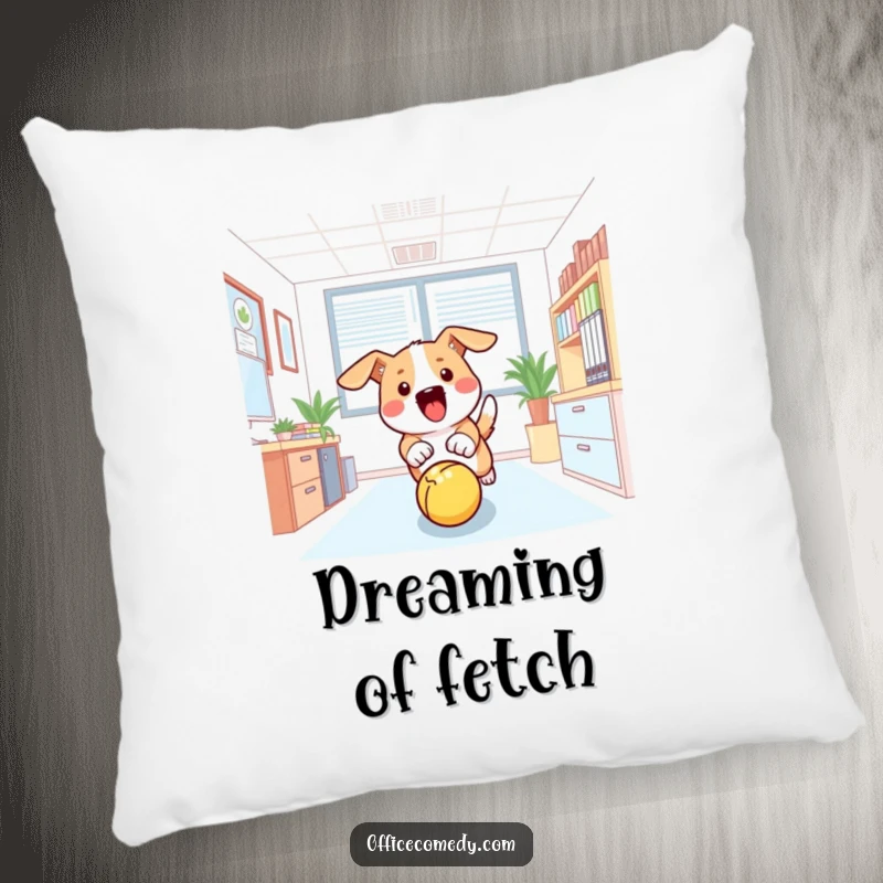 Funny pillow featuring a dog excitedly chasing a ball in an office, adding a touch of playful comfort.