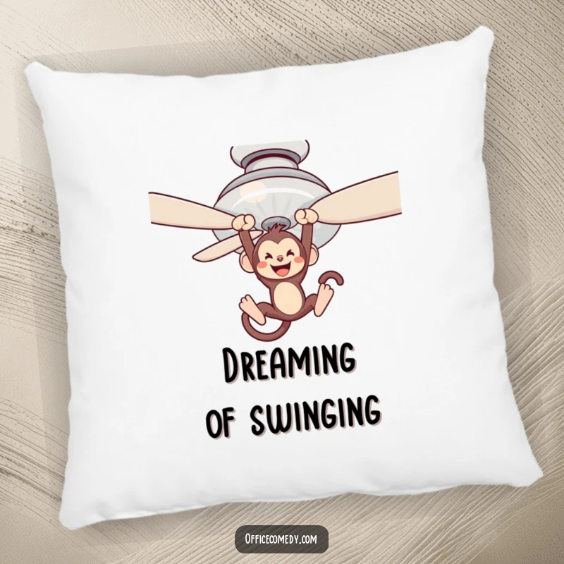 Funny pillow featuring a monkey swinging from a ceiling fan blade, perfect for adding playful comfort.