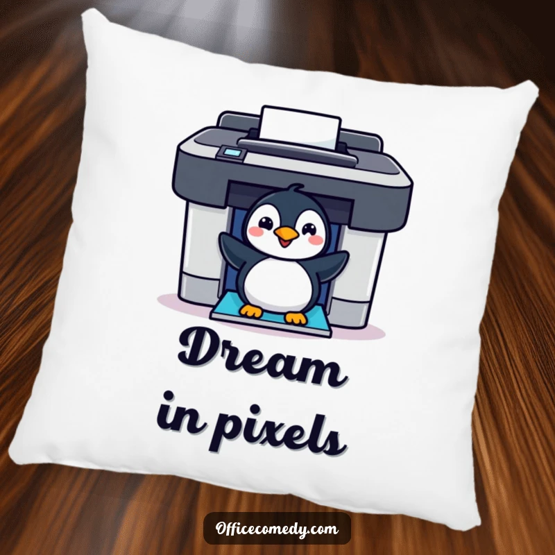 Funny cheerful penguin peeking out of a colorful printer, a soft and humorous pillow for comfort and laughs.
