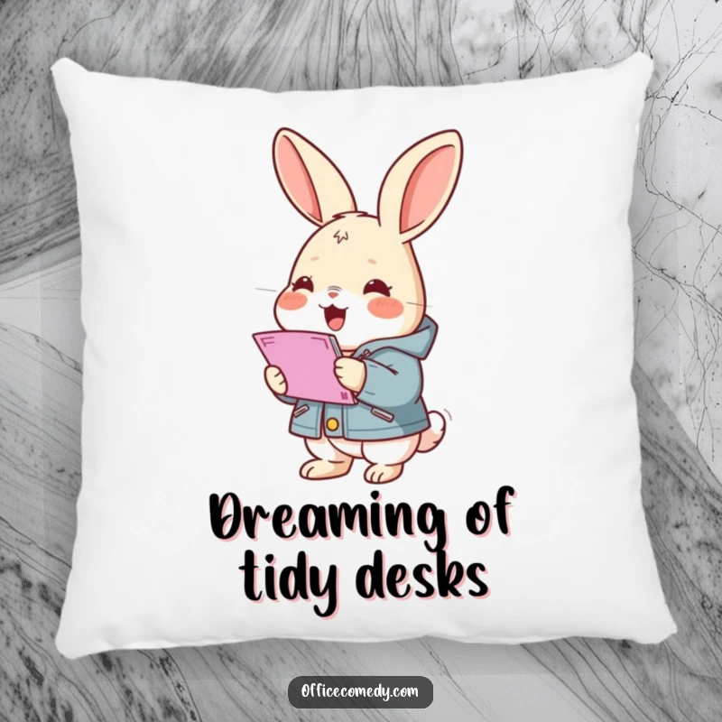 Funny rabbit wearing a small jacket, gleefully stacking documents, a soft and humorous pillow for comfort and laughs.