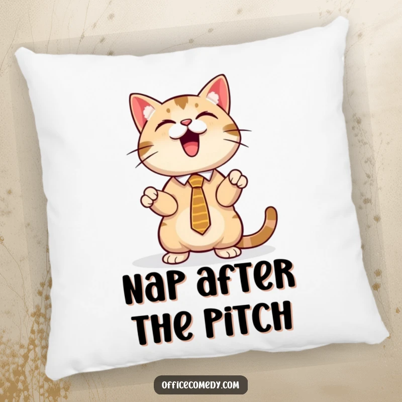 Funny cat in a tie, presenting a glowing screen, a soft and humorous pillow for cozying up.