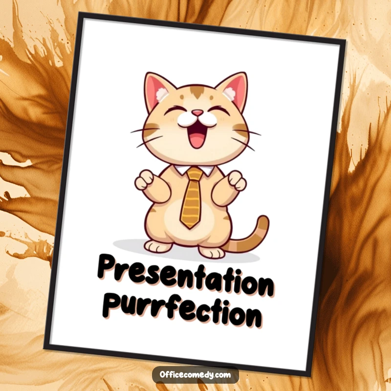 Funny cat wearing a tie, presenting a glowing screen, a high-resolution digital art print for humorous decor.