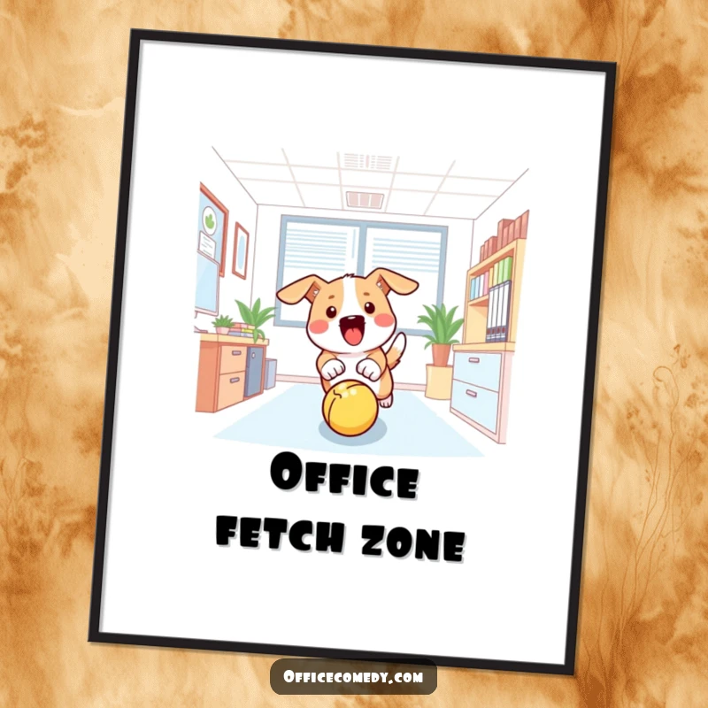 Funny digital art print of a dog excitedly chasing a ball in an office, perfect for instant humorous decor.