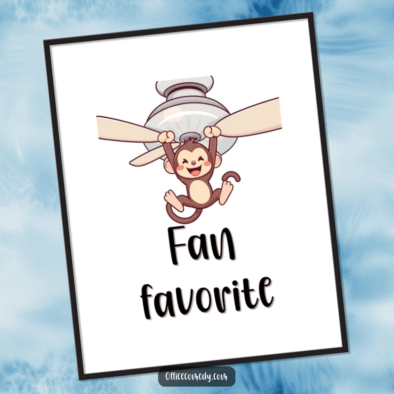 Funny digital art print of a monkey swinging from a ceiling fan blade, perfect for instant wild decor.
