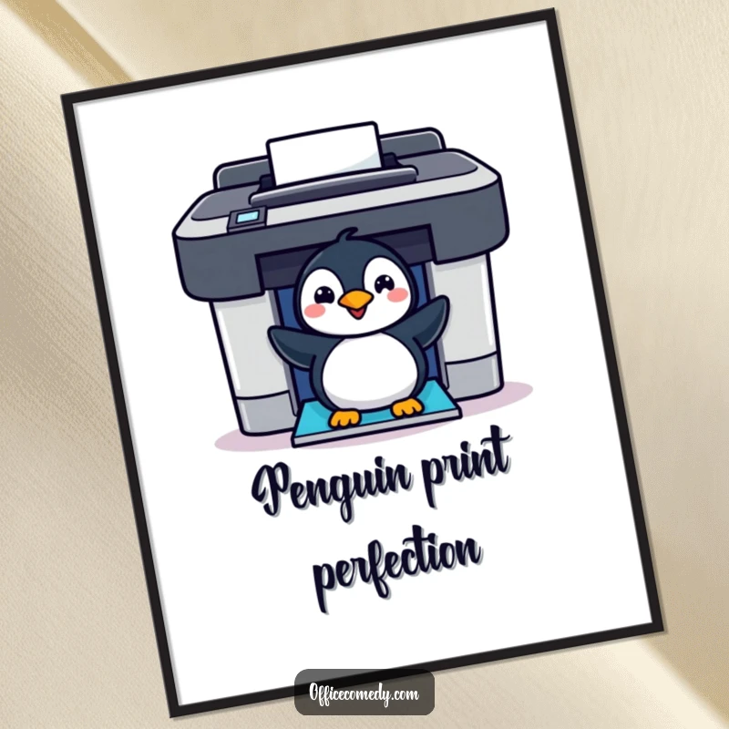 Funny cheerful penguin peeking out of a colorful printer, a high-resolution digital art print for whimsical decor.