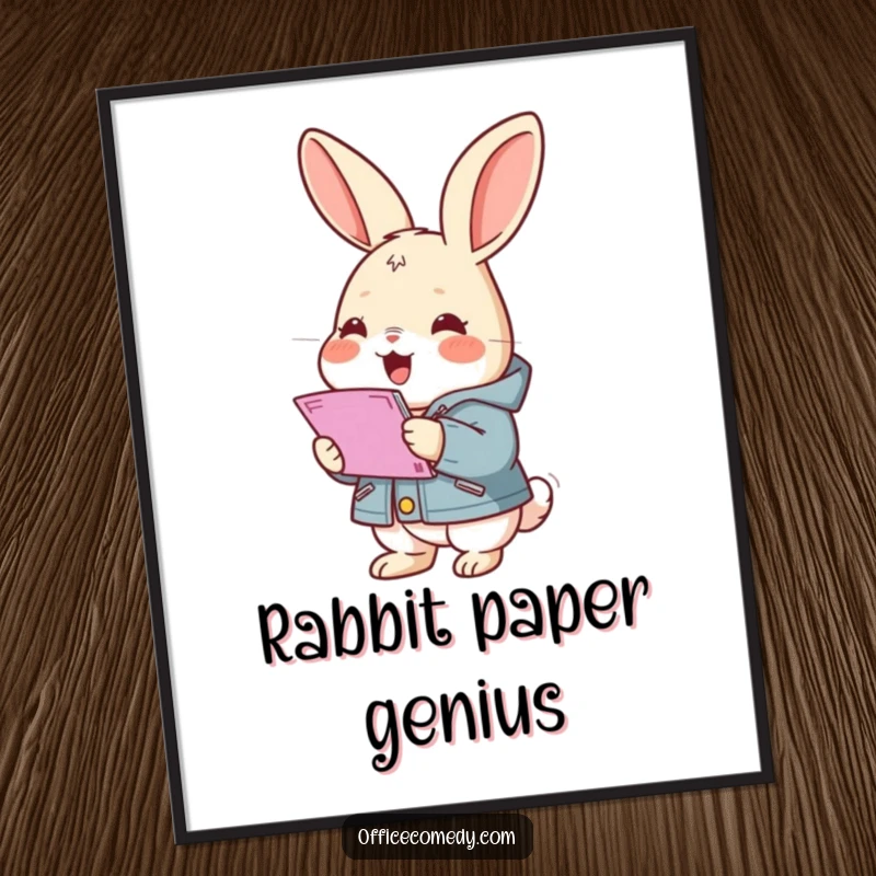 Funny rabbit wearing a small jacket, gleefully stacking documents, a high-resolution digital art print for organized decor.