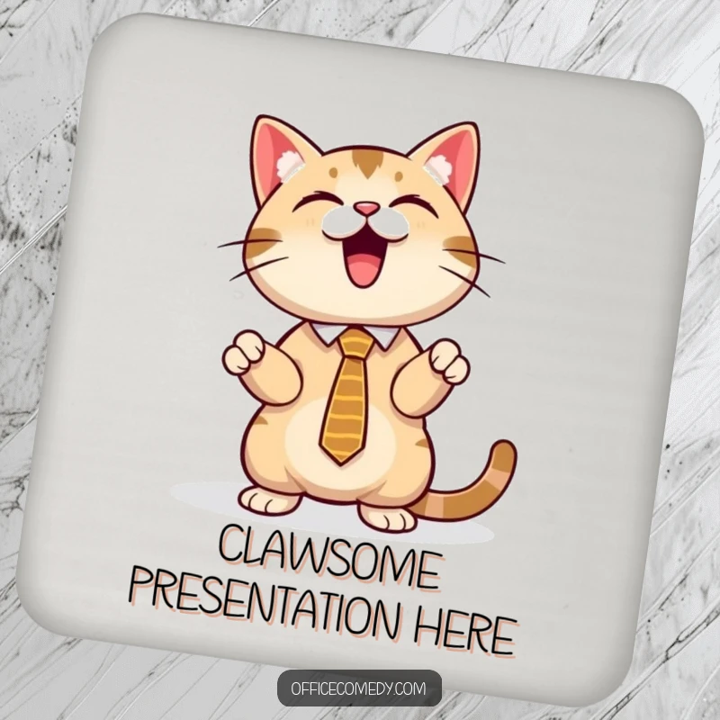 Funny cat in a tie, presenting a glowing screen, a humorous drink coaster for stylish surface protection.