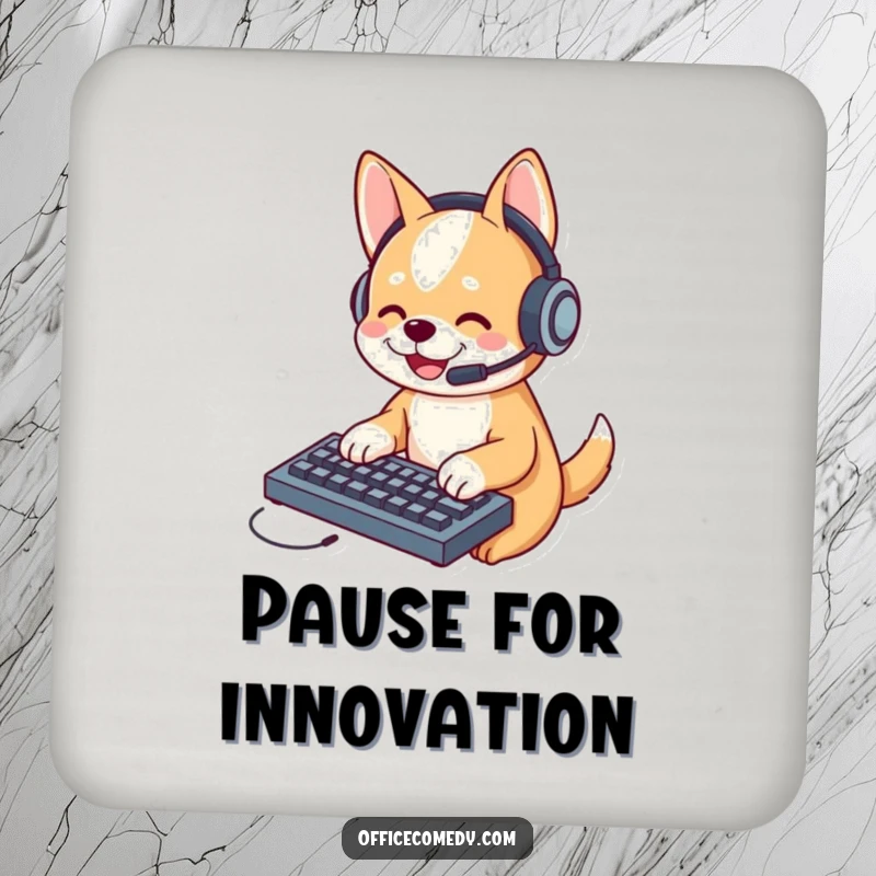 Funny dog in a headset, typing on a tiny keyboard, a humorous drink coaster for home or office protection.