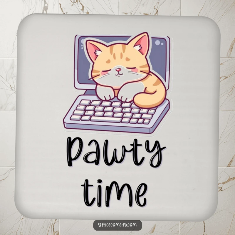 Funny drink coasters depicting a cat napping on a computer keyboard, protecting surfaces with feline grace.