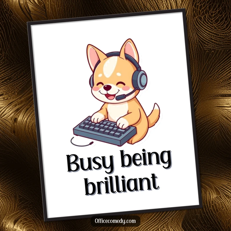 Funny dog wearing a headset, focused on typing on a miniature keyboard, creating a humorous office wall art piece.