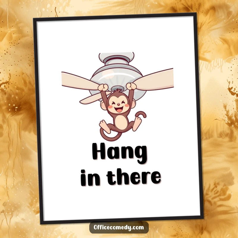 Funny poster art of a monkey swinging from a ceiling fan blade, capturing a moment of pure, hilarious mischief.