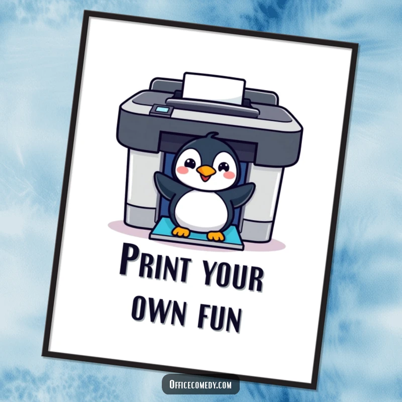 Funny cheerful penguin peeking out of a colorful printer, a humorous and whimsical poster for wall decor.