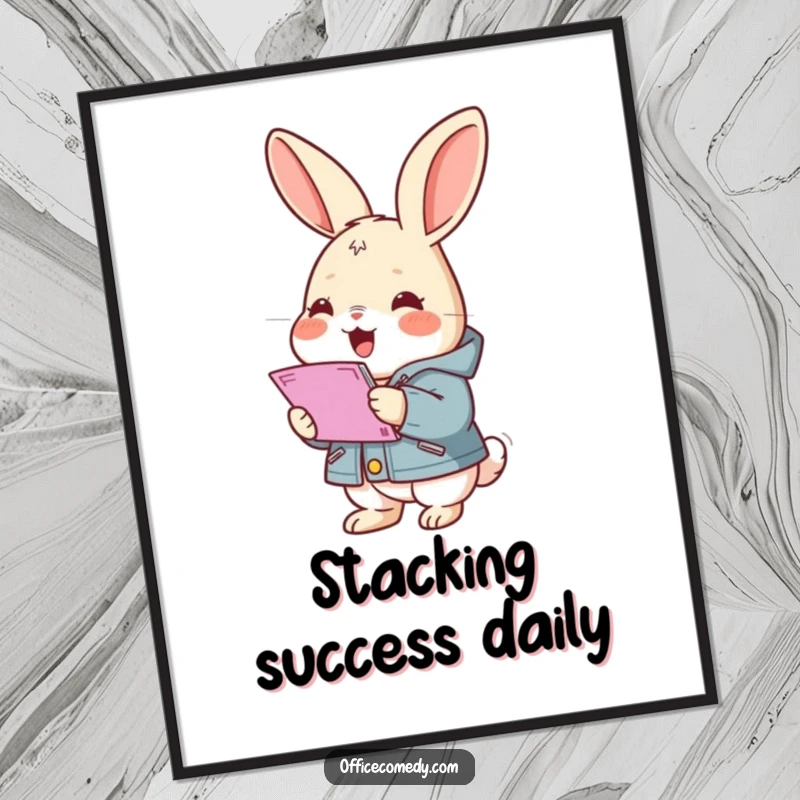 Funny rabbit wearing a small jacket, gleefully stacking documents, a humorous and organized poster for wall decor.