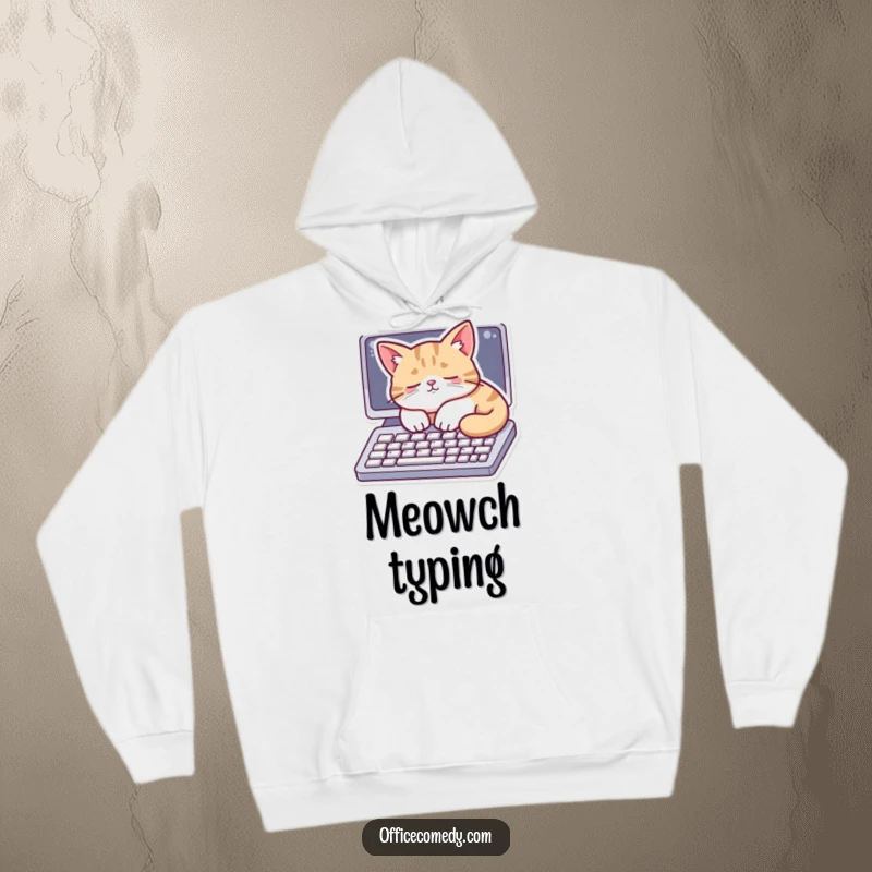 Funny hoodie with a cat peacefully sleeping on a computer keyboard, perfect for cozy relaxation.