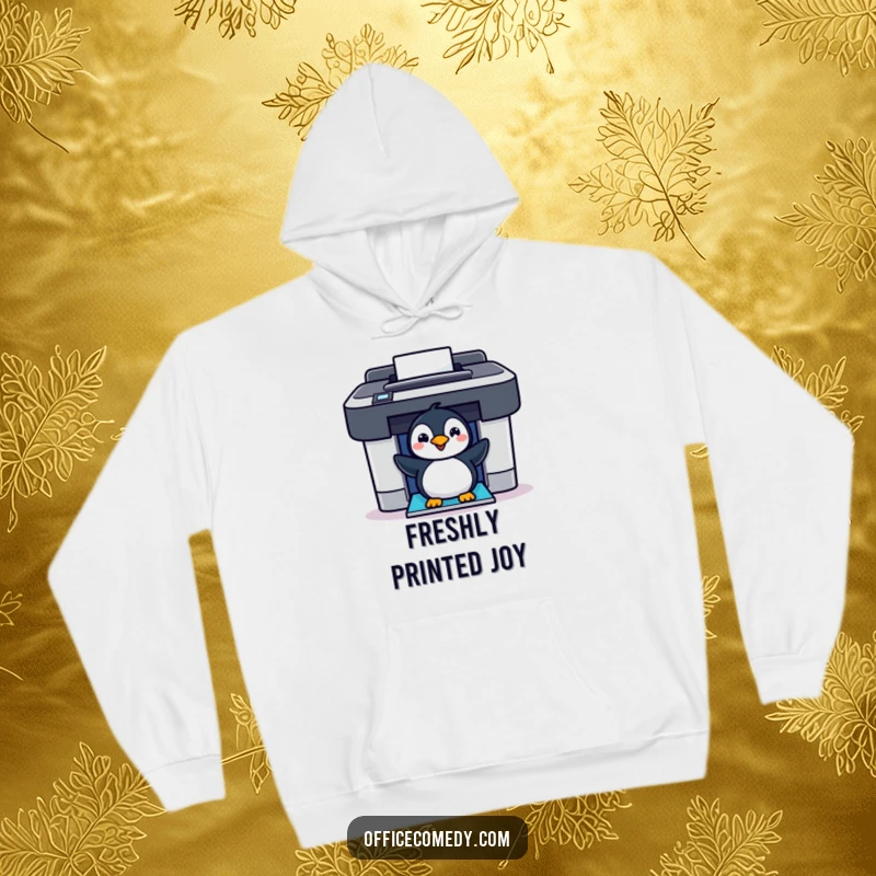 Funny cheerful penguin peeking out of a colorful printer, a warm and humorous hoodie for chilly days.