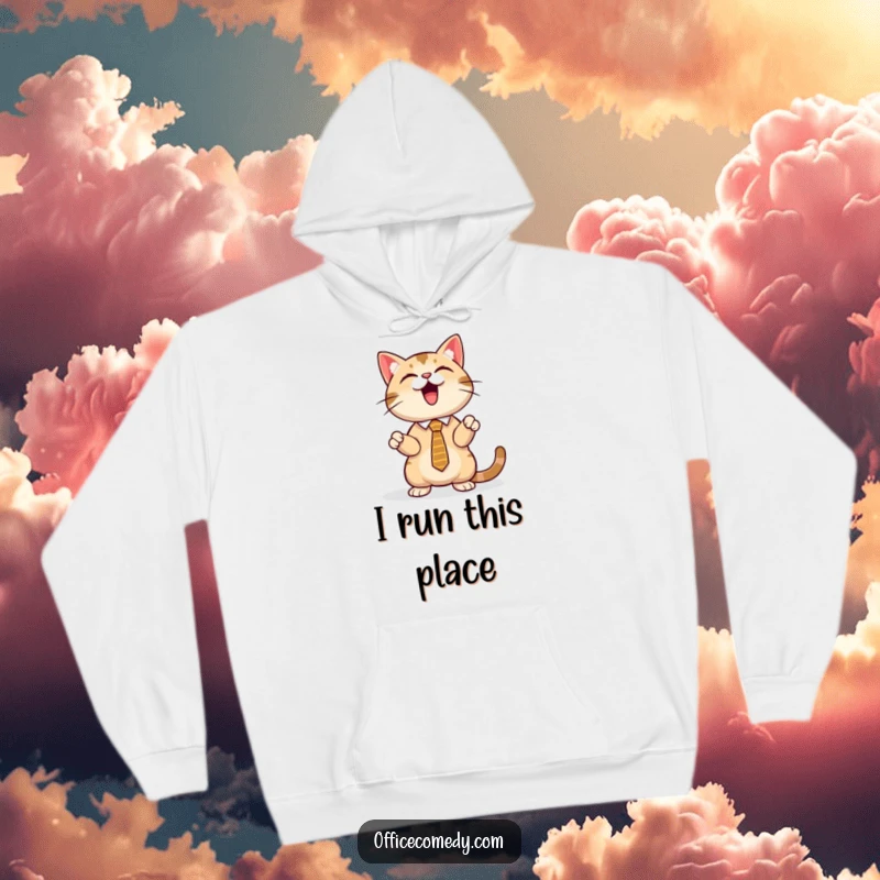 Funny cat wearing a tie, presenting a bright screen, a cozy and humorous hoodie for professional feline fans.