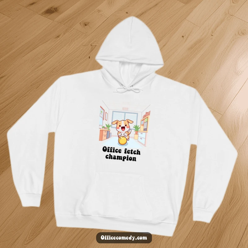 Funny hoodie featuring a dog gleefully chasing a ball in an office setting, bringing playful energy.