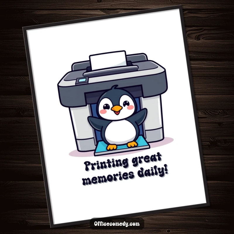 Funny Free Printable Wall Art: Penguin peeking out of a colorful printer, quirky office humor decor.