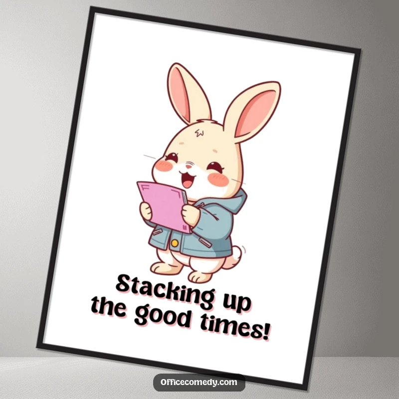 Funny Free Printable Wall Art: Rabbit in a jacket gleefully stacking documents, office humor, whimsical decor.