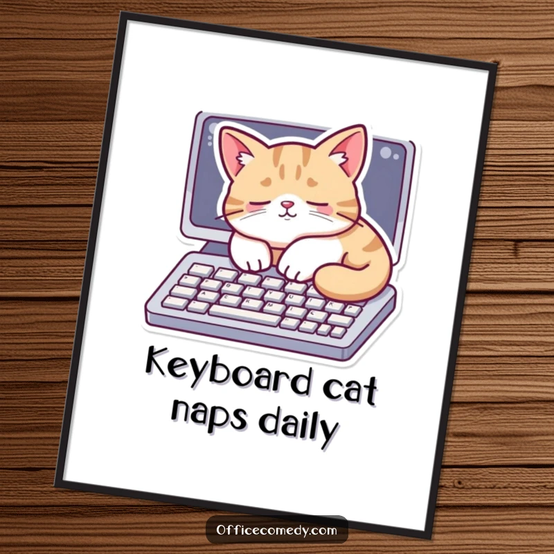 Funny free printable wall art of a cat sleeping on a computer keyboard, a humorous tech scene.