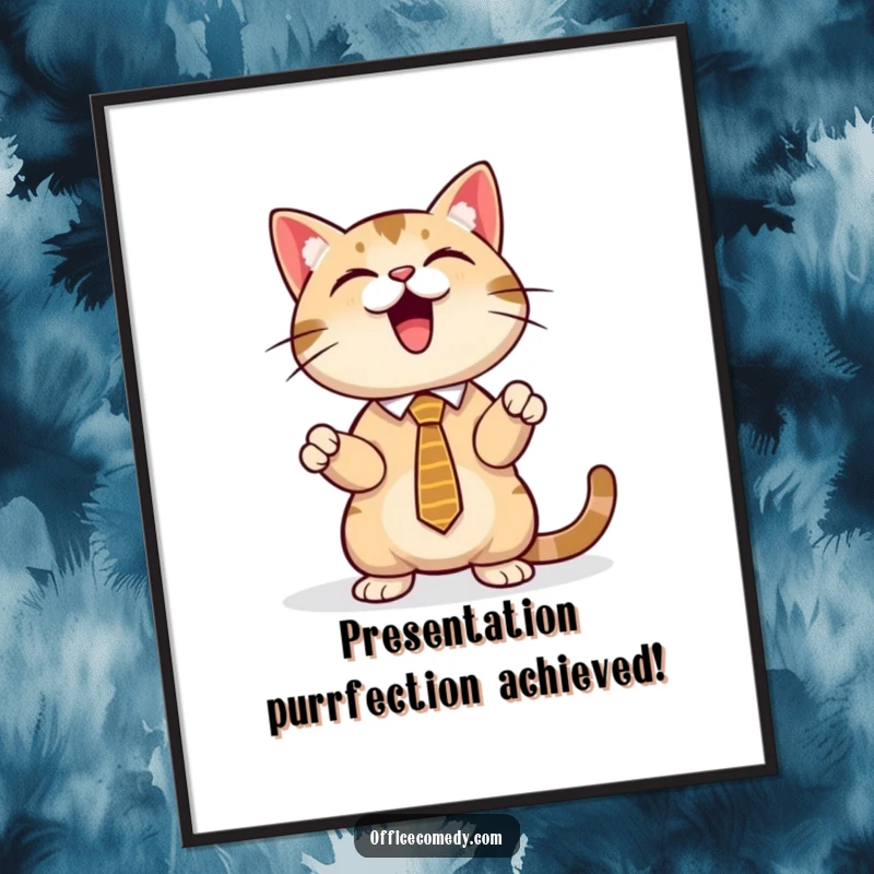 Funny Free Printable Wall Art: Cat in a sharp tie presenting a glowing digital screen, business humor decor.