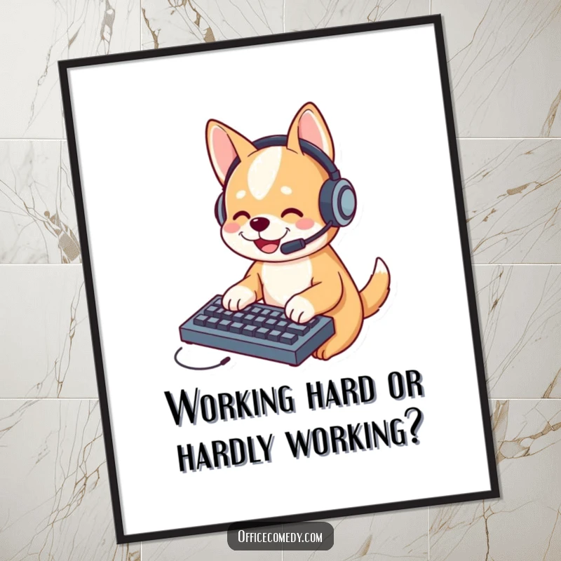 Funny Free Printable Wall Art: Dog wearing headset, intensely typing on a tiny keyboard, office humor, quirky decor.
