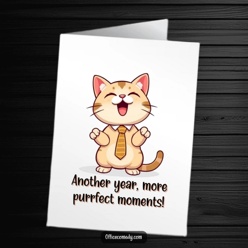 Funny Free Printable Birthday Card: Dapper cat in tie excitedly presents a glowing screen for a birthday toast.