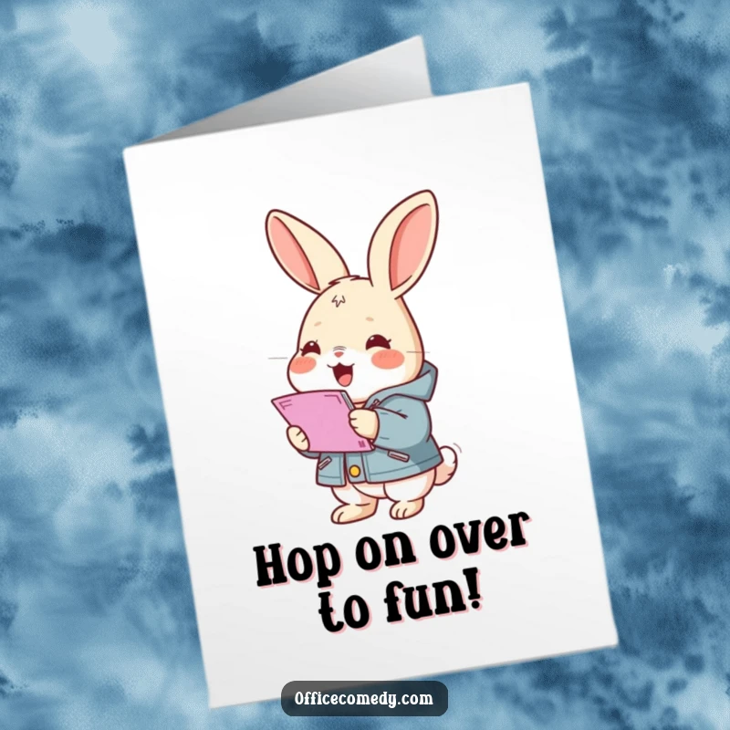 Funny Free Printable Birthday Card: Rabbit in a jacket happily stacking documents for a birthday celebration.