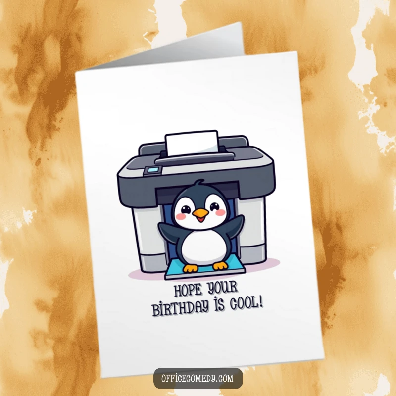 Funny Free Printable Birthday Card: Cheerful penguin pops out of a colorful printer with a birthday message.