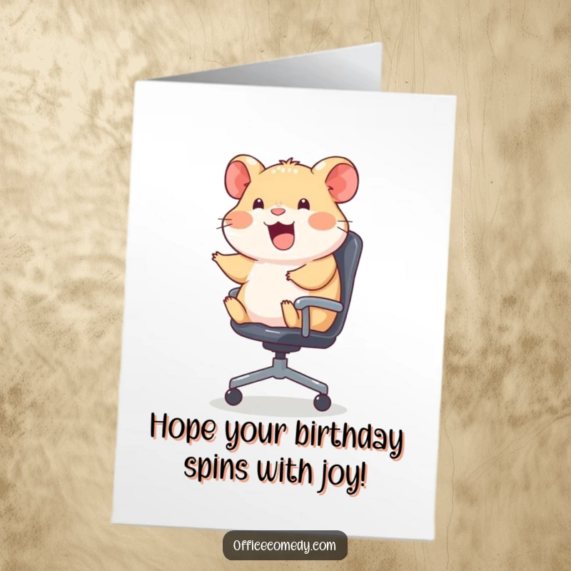 Funny Free Printable Birthday Card: Joyful hamster gleefully riding an office chair, ready for birthday fun.