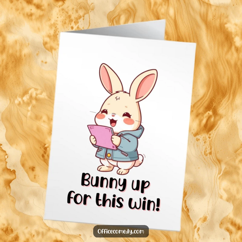 Funny Free Printable Congrats Card: Rabbit in a jacket meticulously stacking documents, celebrating a successful project.