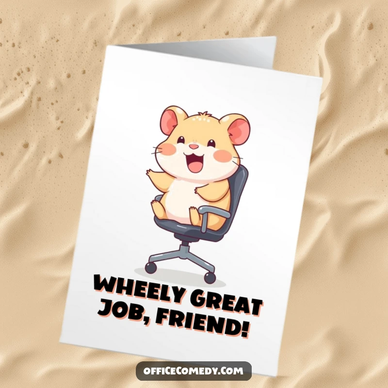 Funny Free Printable Congrats Card: Hamster having a blast riding an office chair, celebrating a win.