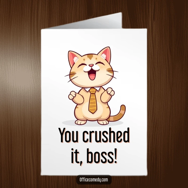 Funny Free Printable Congrats Card: Sophisticated cat in tie presenting a glowing digital screen with pride.