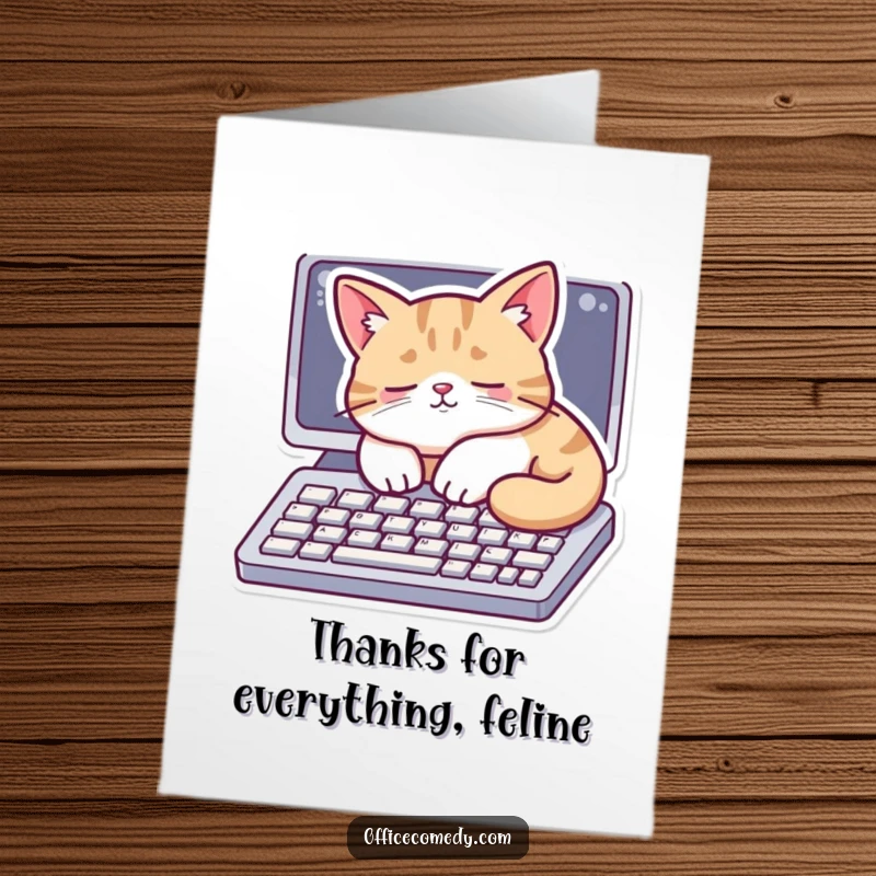 Funny free printable thank you card with a cat sleeping on a computer keyboard, conveying thanks.