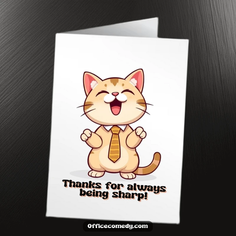 Funny Free Printable Thank You Card: Cat in a tie presenting a glowing screen, conveying thanks with flair.