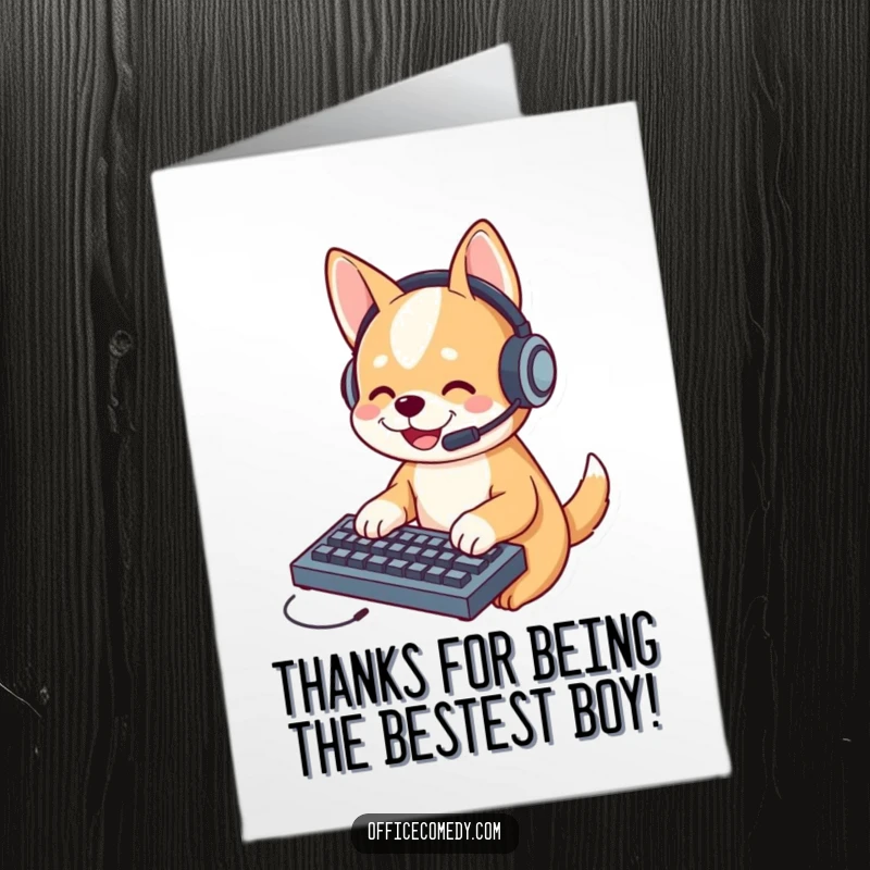 Funny Free Printable Thank You Card: Dog in headset typing diligently on a miniature keyboard for your thanks.