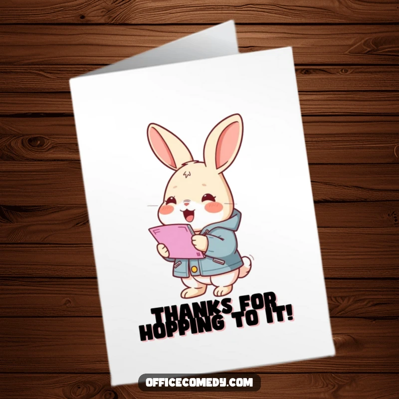 Funny Free Printable Thank You Card: Rabbit in a small jacket gleefully stacking papers, conveying thanks.