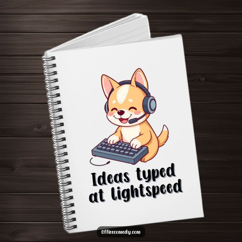 Funny dog in a headset, typing on a tiny keyboard, a humorous notebook for jotting down ideas and making notes.