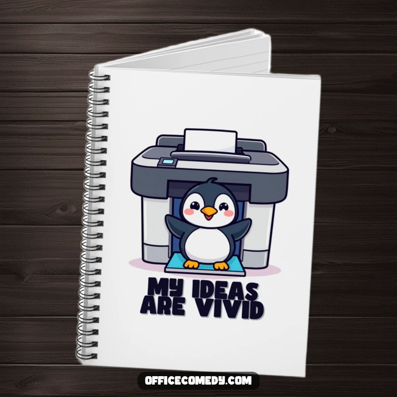 Funny cheerful penguin peeking out of a colorful printer, a humorous notebook for jotting down ideas.